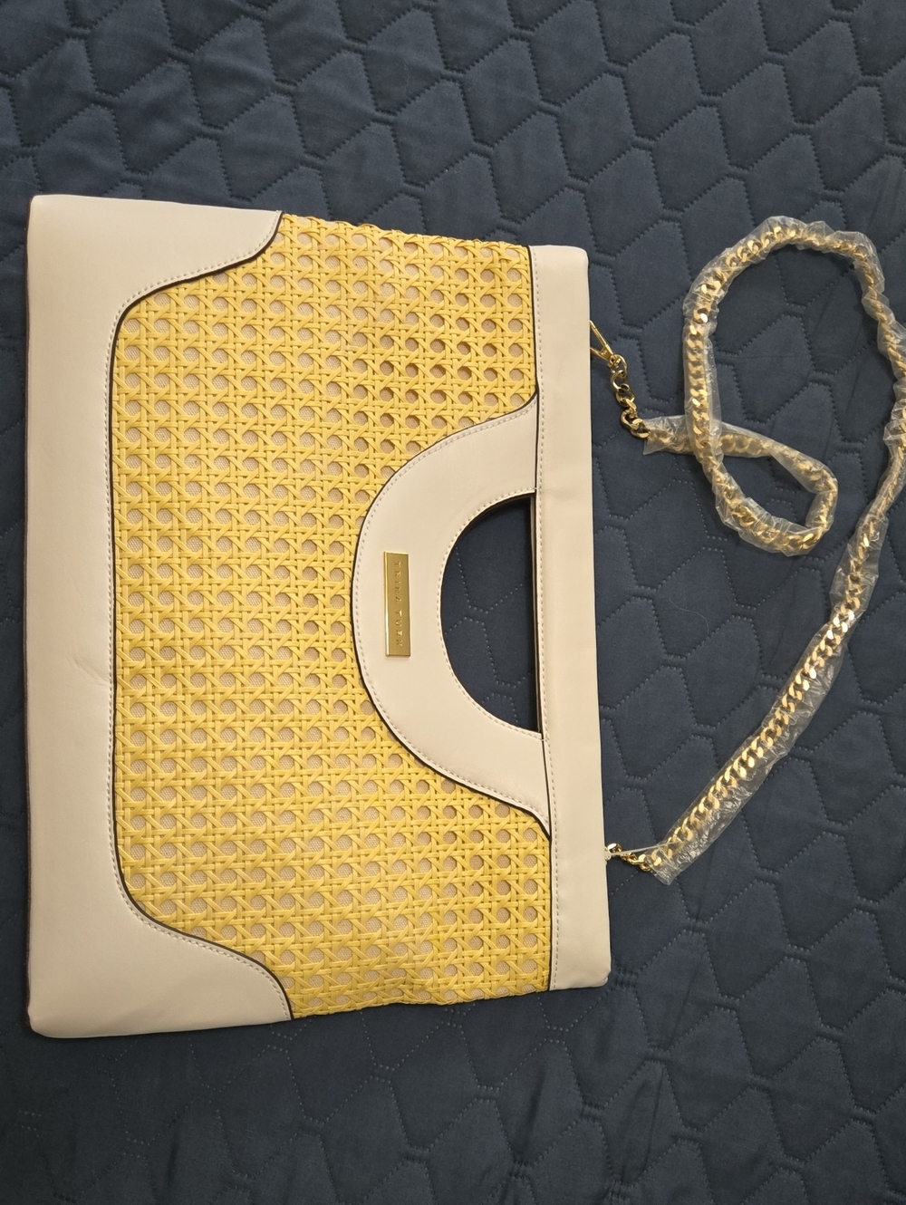 Trina Turk Yellow and Cream Woven Clutch with Gold Chain